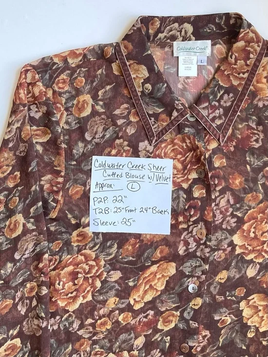 Vintage Coldwater Creek Floral Blouse - Velvet Trim & Sheer Fabric - Size Large - Picture 2 of 7